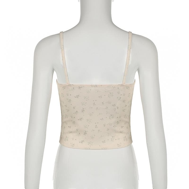 Lace hem bowknot ribbon print stitch cami top
