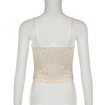 Lace hem bowknot ribbon print stitch cami top