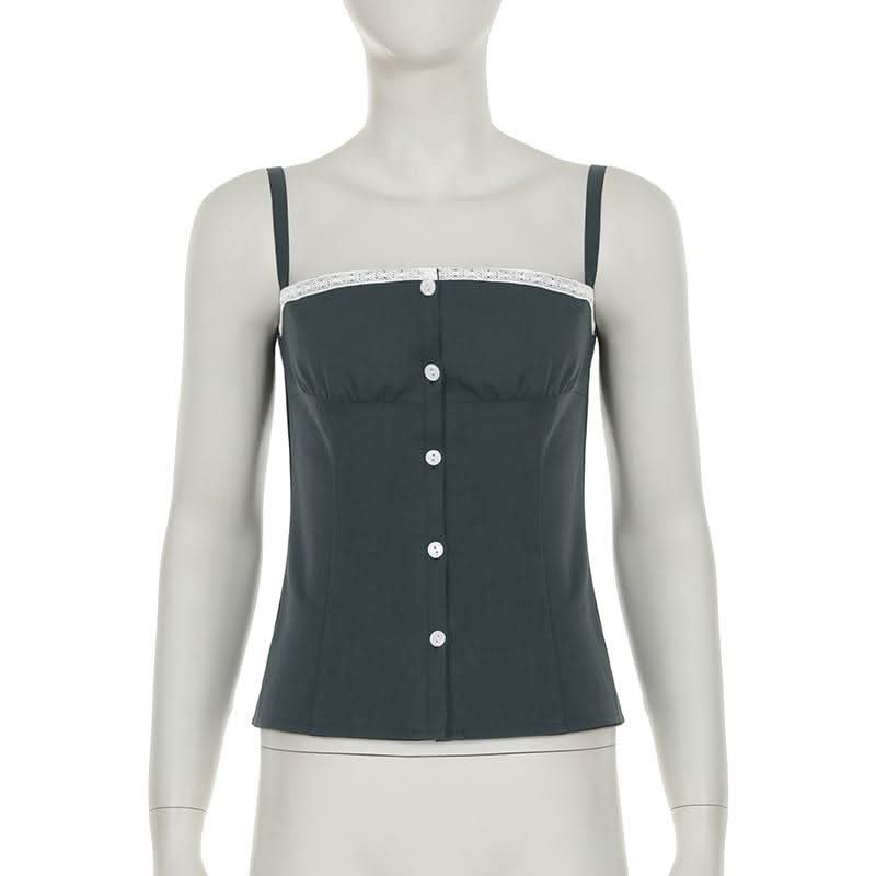 Square neck lace hem button ruched backless top