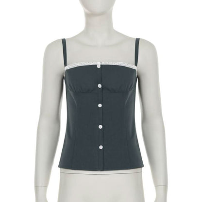 Square neck lace hem button ruched backless top