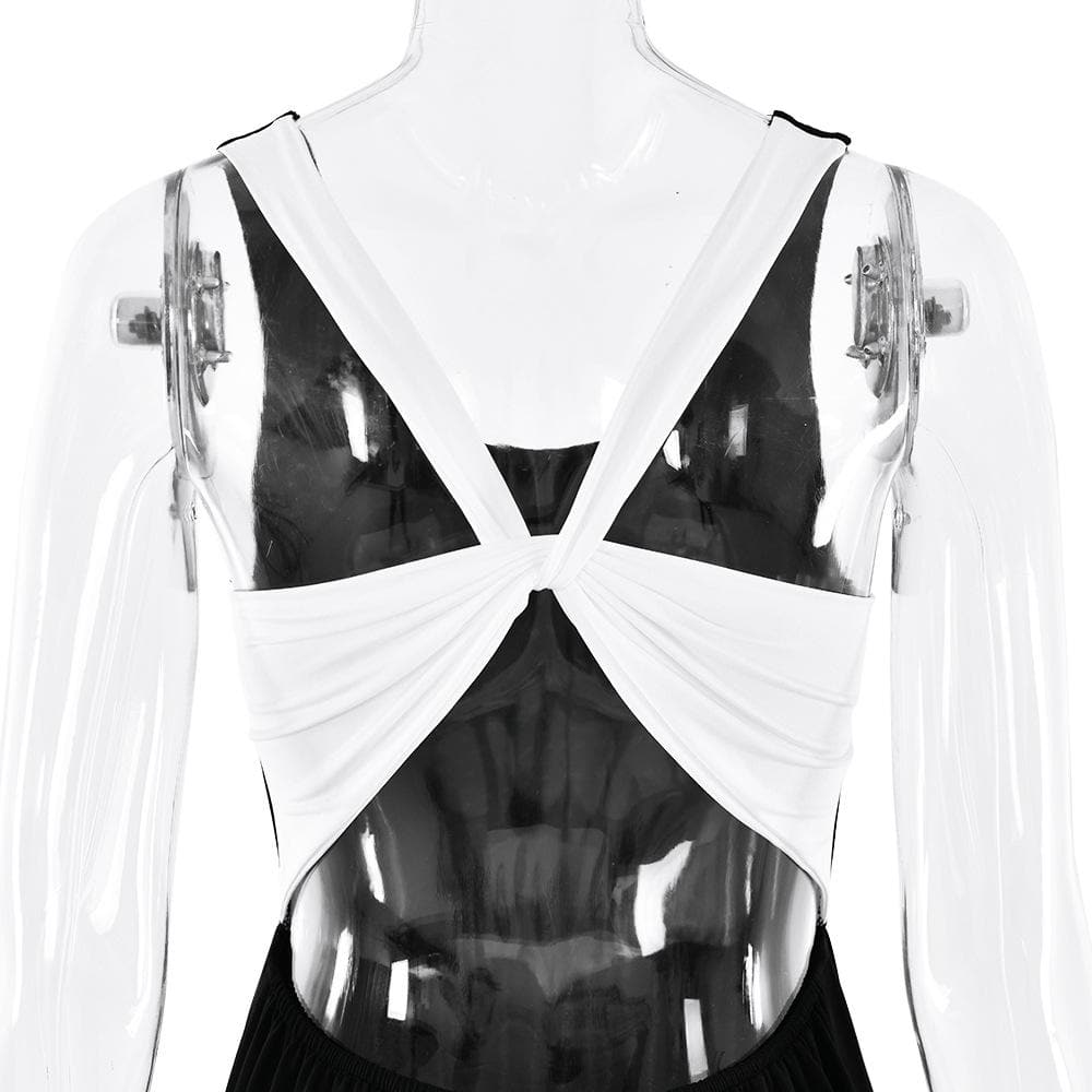 U neck ruched contrast cross back backless cami maxi dress