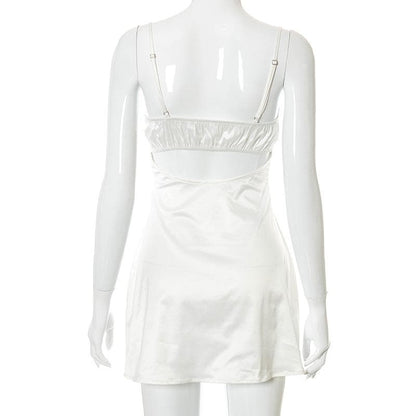 Lace hem satin ruched hollow out backless cami cut out mini dress