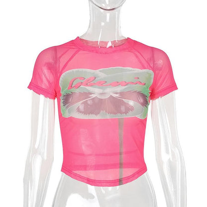Short sleeve sheer mesh print crop top