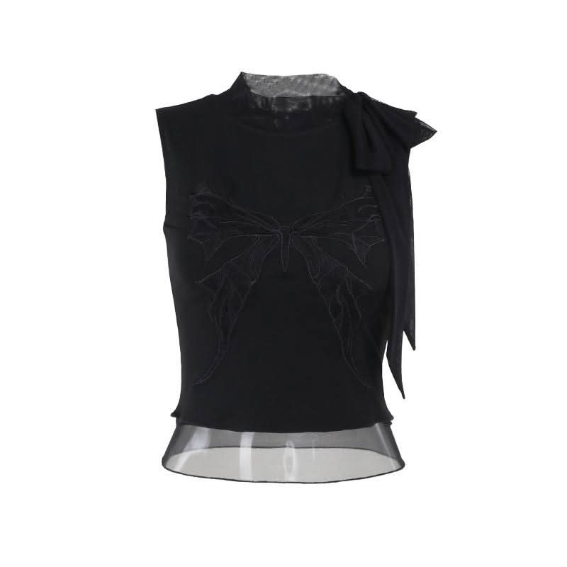 Butterfly embroidery sleeveless mesh knotted top