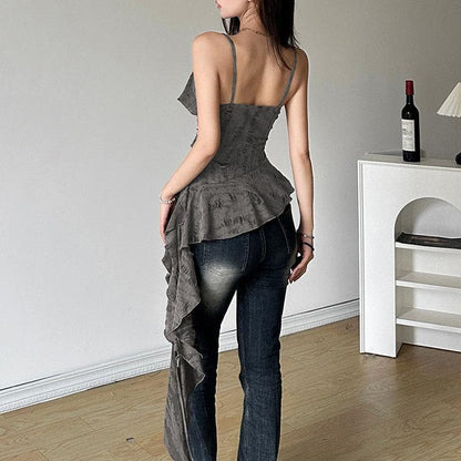 V neck ruffle irregular backless solid cami top