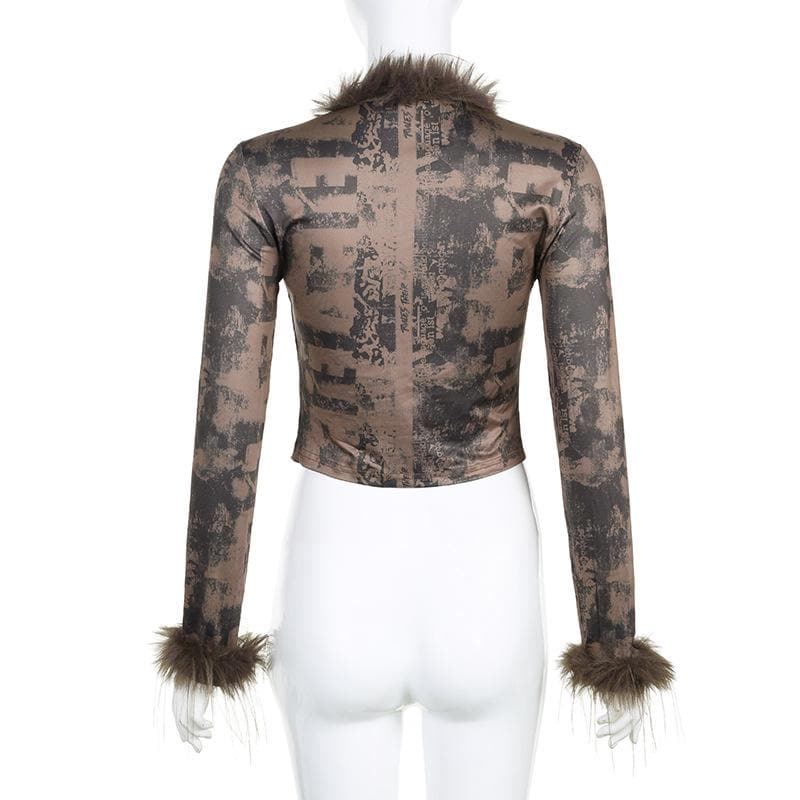 Feather patchwork long sleeve contrast self tie top