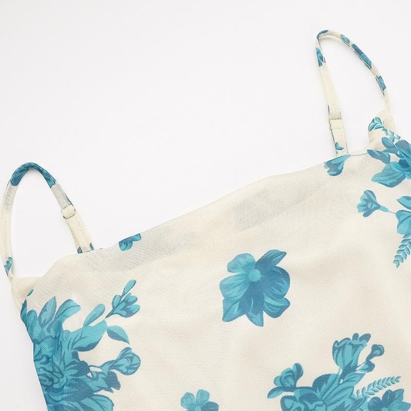 Flower print mesh lace up cami mini dress