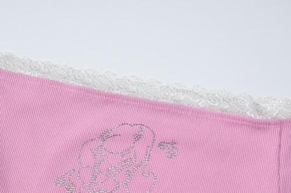 Beaded off shoulder long sleeve ribbed lace hem top