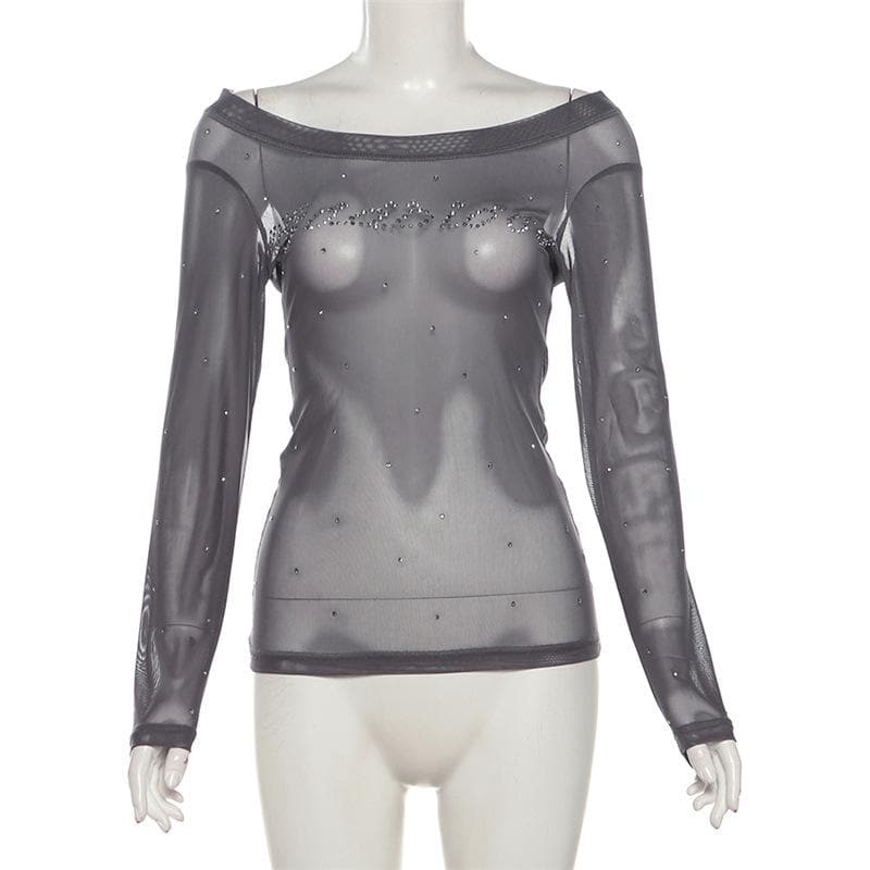 Off shoulder long sleeve beaded sheer mesh solid top