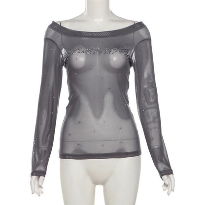 Off shoulder long sleeve beaded sheer mesh solid top