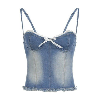 Denim bowknot zip-up raw hem lace hem cami top