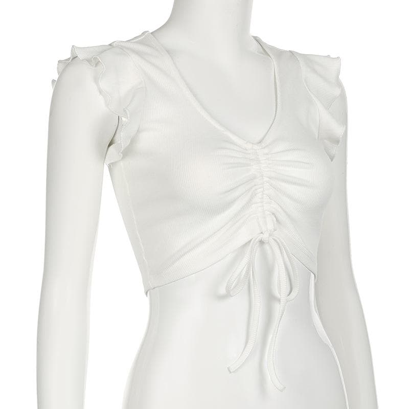 Cap sleeve drawstring ruched ribbed crop top
