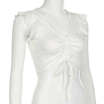 Cap sleeve drawstring ruched ribbed crop top