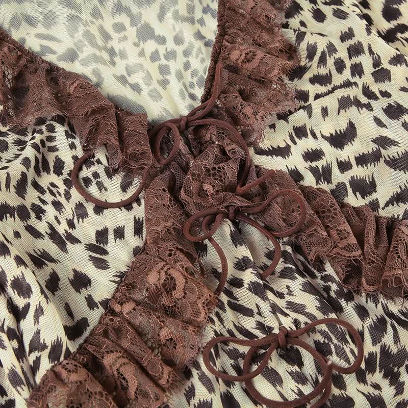 Long sleeve mesh lace hem leopard print self tie top