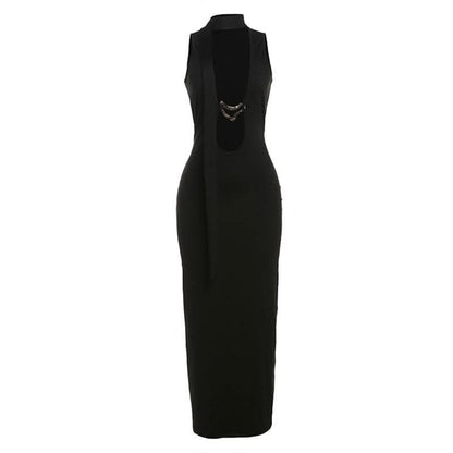 Hollow out metal applique cut out maxi dress-final-sale