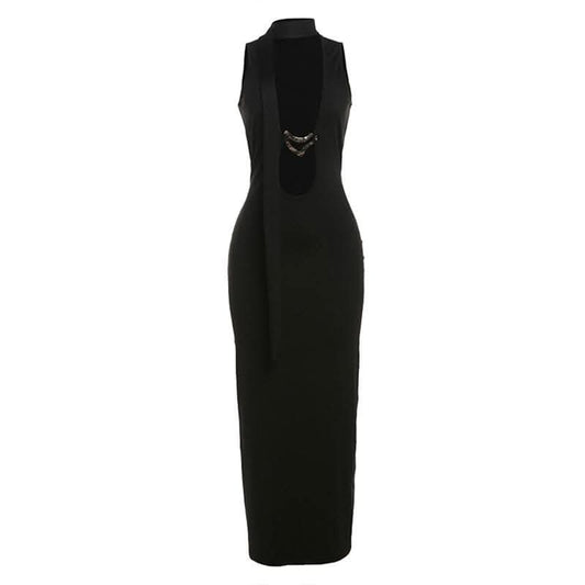Hollow out metal applique cut out maxi dress-final-sale