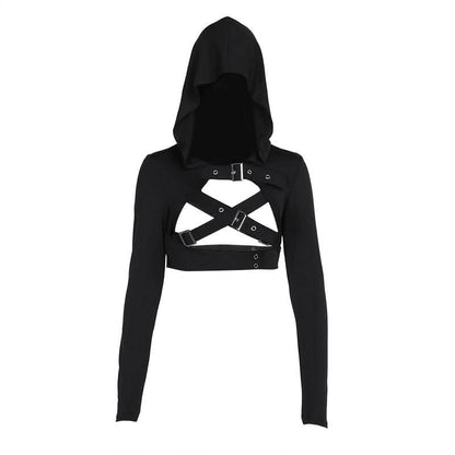 Hoodie long sleeve buckle cross back crop top