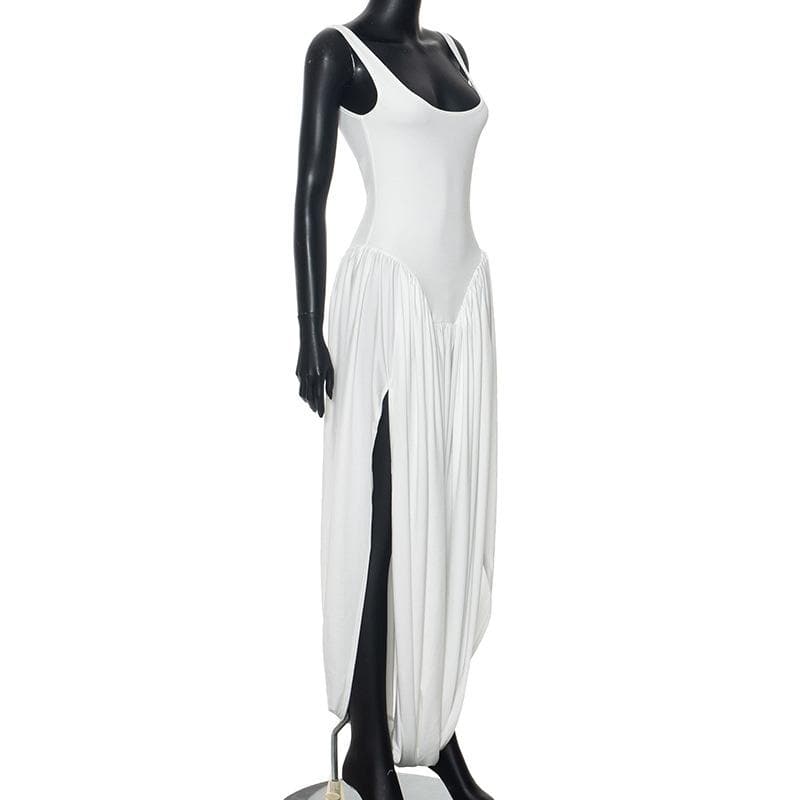 U neck ruched high slit backless cami maxi dress