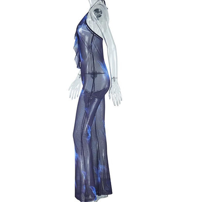 Halter ruffle sheer mesh backless print jumpsuit
