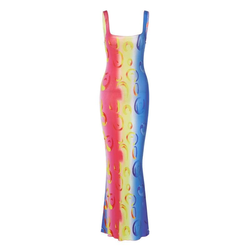 Abstract Bubble Ring Print Scoop Neck Bodycon Midi Dress