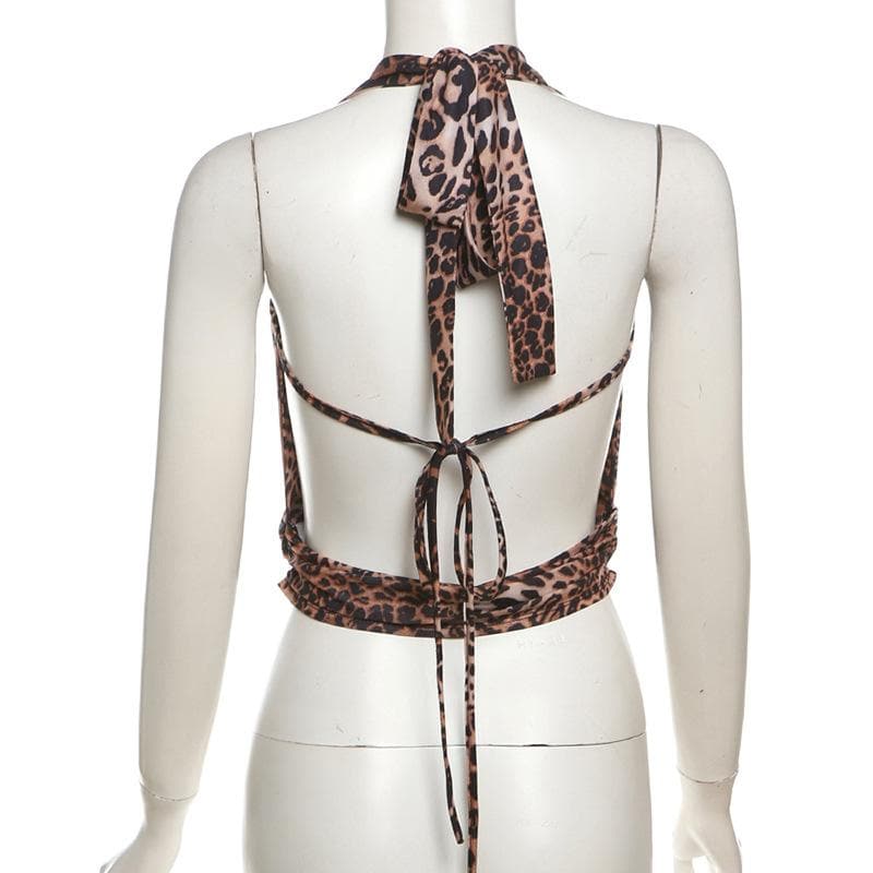 Halter cowl neck leopard print backless top