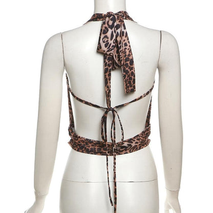 Halter cowl neck leopard print backless top