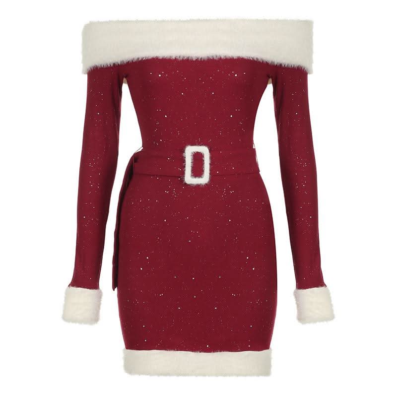 Off shoulder long sleeve beaded fluffy belt mini dress