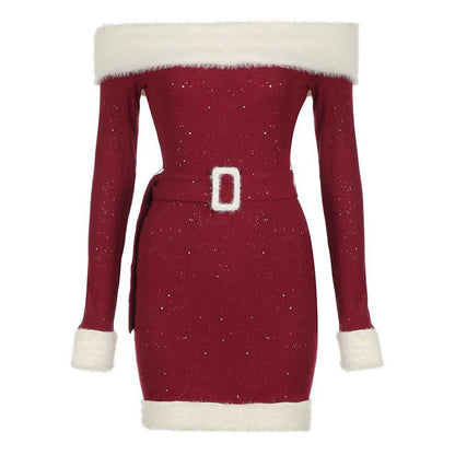 Off shoulder long sleeve beaded fluffy belt mini dress