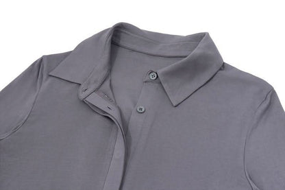 Turnover collar long sleeve button ruched mini dress