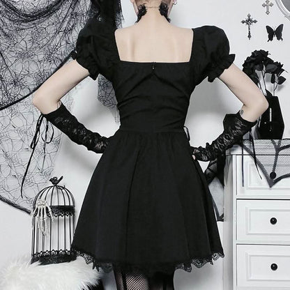 Puff sleeve short sleeve embroidery mini dress