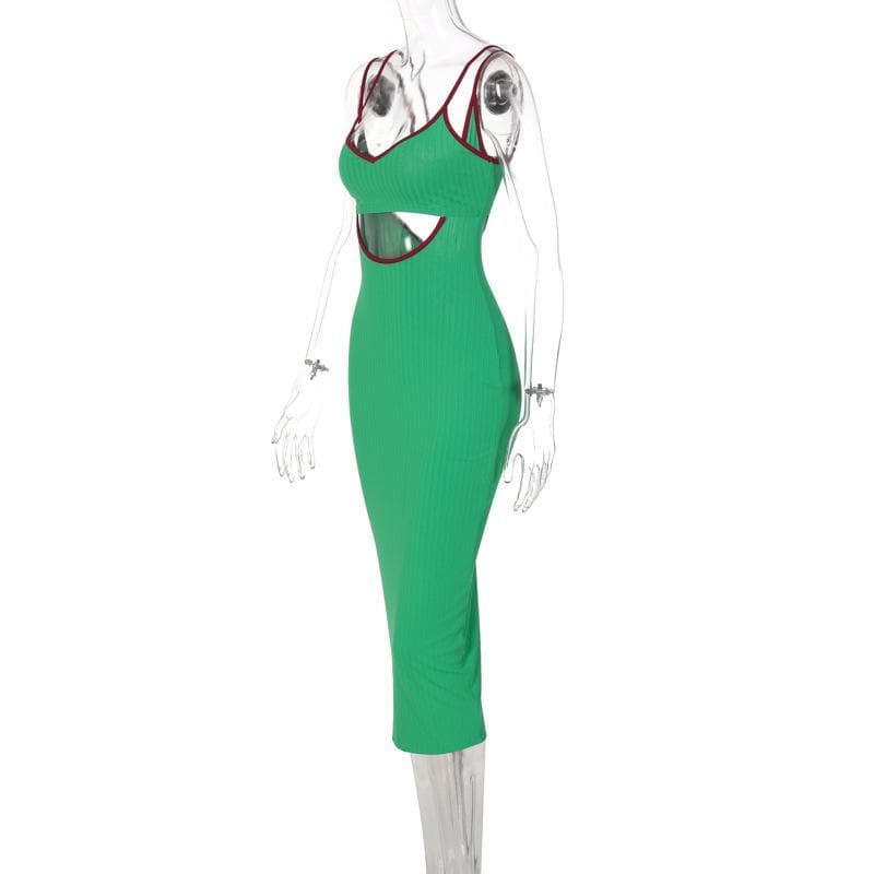 Rib Knit Scoop Neck Double Strap Contrast Trim Hollow Out Midi Dress