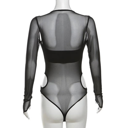Long sleeve gloves lace up mesh hollow out bodysuit-final-sale