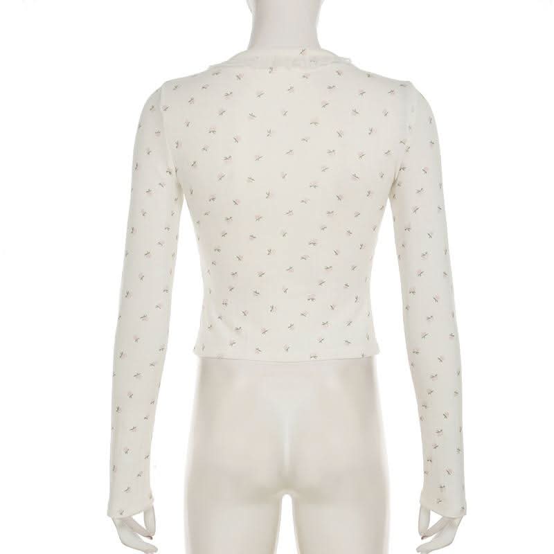 Long sleeve textured flower print button lace hem top