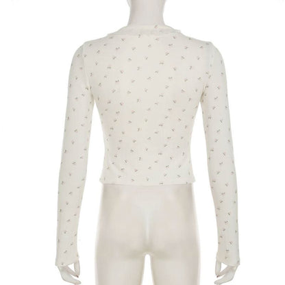 Long sleeve textured flower print button lace hem top