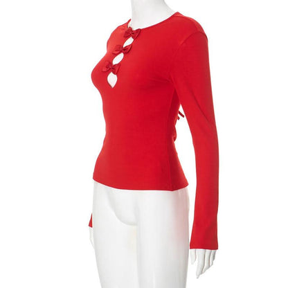 Bowknot long sleeve crewneck hollow out self tie cut out top