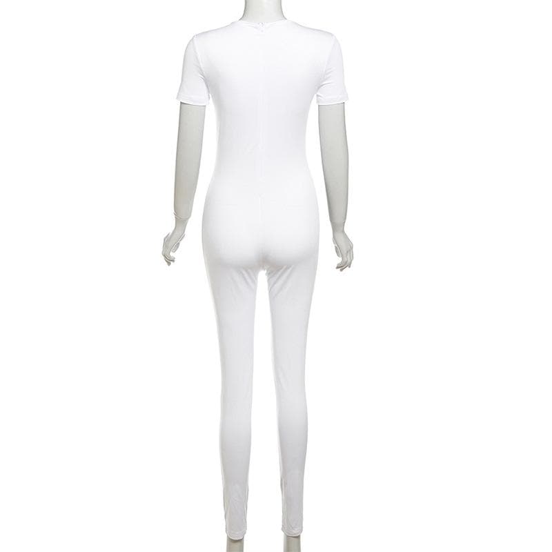 Short sleeve crewneck body print zip-up jumpsuit