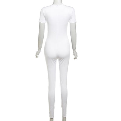 Short sleeve crewneck body print zip-up jumpsuit