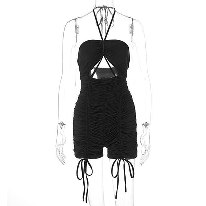 Halter drawstring hollow out ruched romper