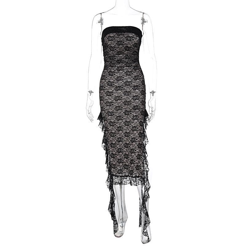 Strapless Floral Lace Ruffle Side Ribbon Contrast Tube Midi Dress