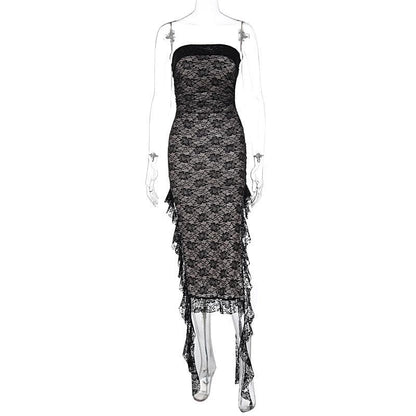Strapless Floral Lace Ruffle Side Ribbon Contrast Tube Midi Dress