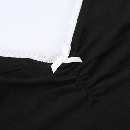V neck bowknot ruched lace hem top
