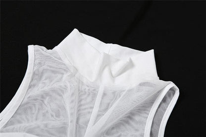 Knotted solid high neck mesh sleeveless ruched maxi skirt set-final-sale