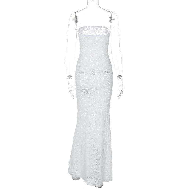 Lace see through solid tube maxi dress