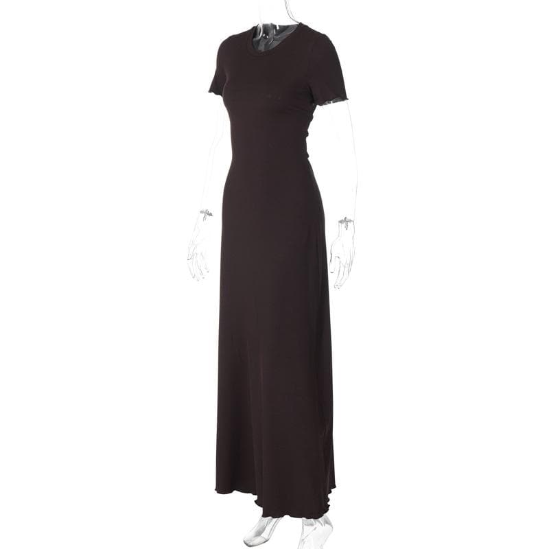 Short sleeve round neck ruffle knotted solid maxi dress