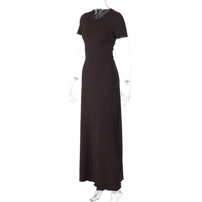 Short sleeve round neck ruffle knotted solid maxi dress