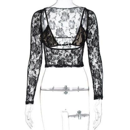 Long sleeve hollow out contrast lace 2 piece cut out top