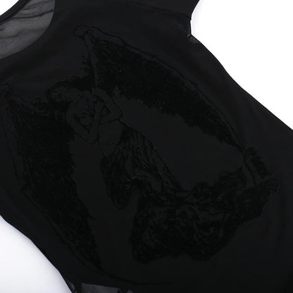 Short sleeve round neck print mesh top