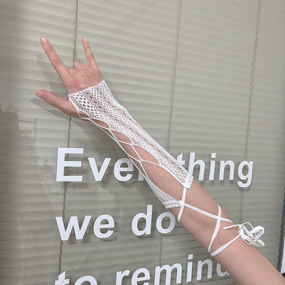 Hollow out solid self tie gloves