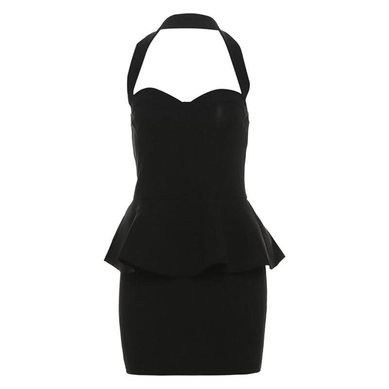 Halter ruffle v neck zip-up backless solid mini dress