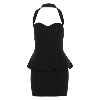 Halter ruffle v neck zip-up backless solid mini dress